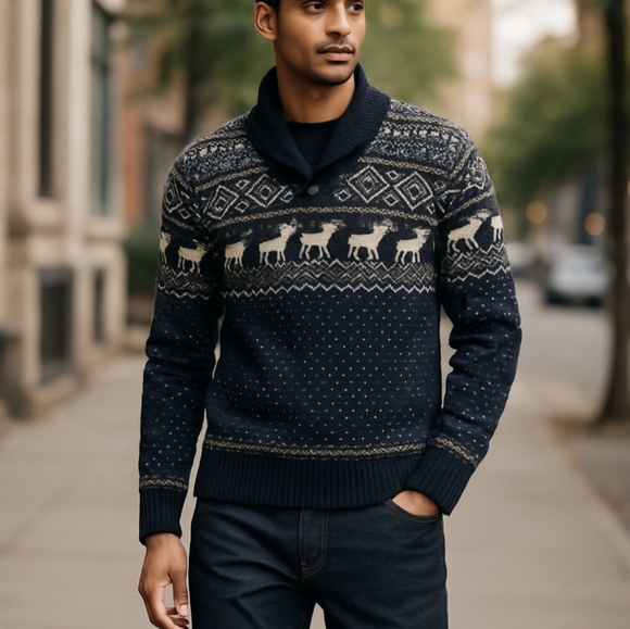 Navy Nordic print sweater Winter reindeer/ snowflake birdseye Apres Ski sz M - Picture 7 of 8